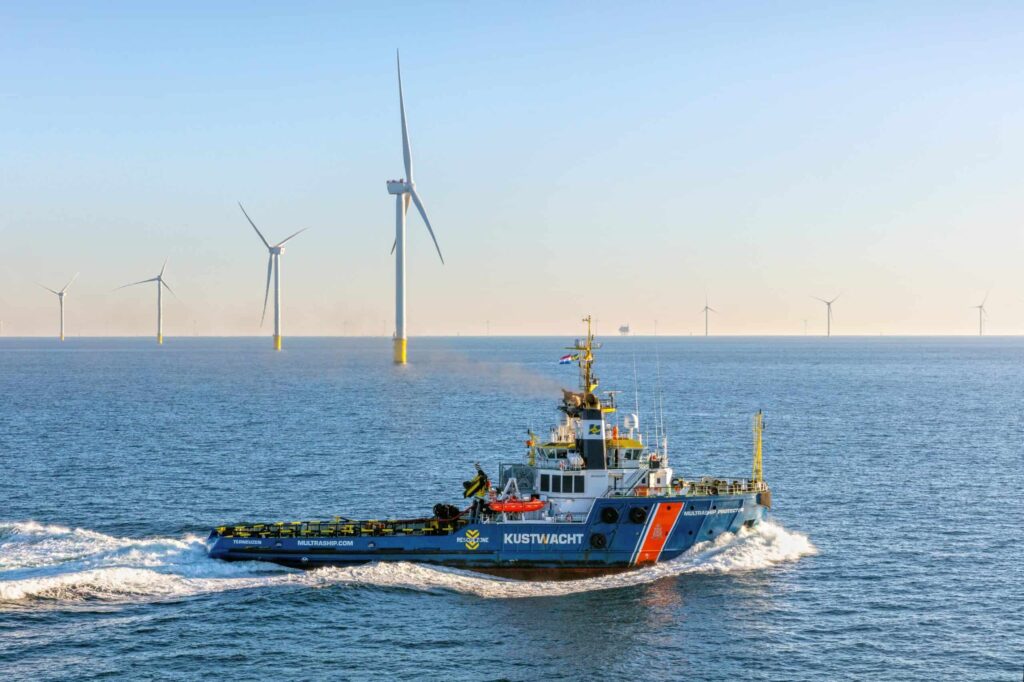 Coast Guard at wind turbines in the North Sea